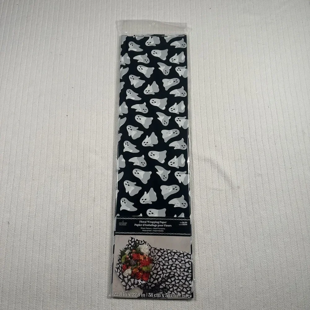Ashland Halloween Ghost Floral Wrapping Paper Lot of 8 Black White 22.8x22.8